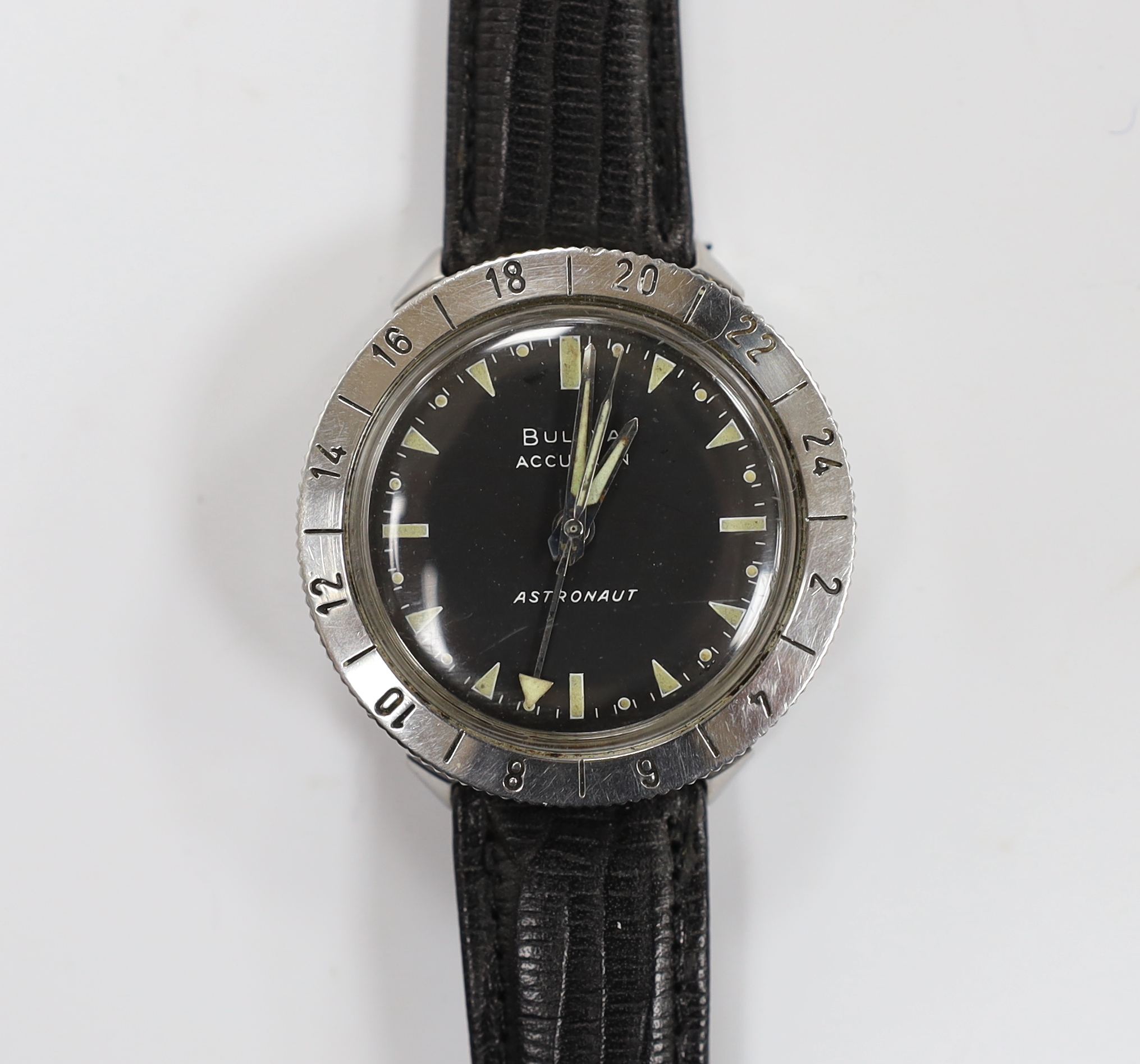 A gentleman's stainless steel Bulova Accutron Astronaut wrist watch, on a leather strap, cased diameter 38mm.